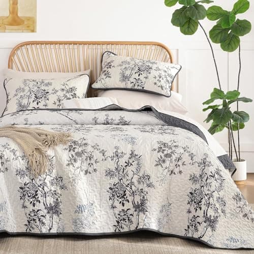 WONGS BEDDING Floral Quilt Set Full,3 Pcs Grey Bedspreads Coverlets Set