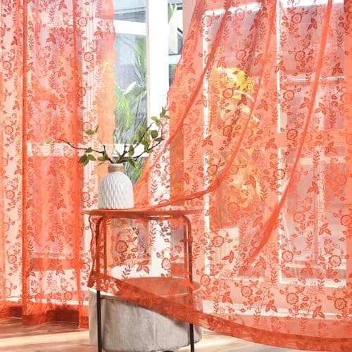 Burnt Orange Floral Lace Curtains for Bedroom W42 x L54 Inch, 2 Panels