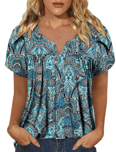CRAZY GRID Floral Womens Summer Tops Casual Short Sleeve Crew Neck Shirts Business Dressy Work Blouses BlueCashew Medium