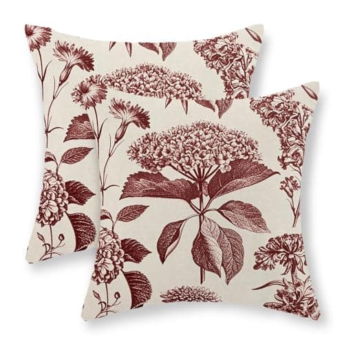 GOLIANDA Burgundy Red Pillow Covers 18x18 Set of 2 Vintage Boho Floral Hydrangea Herbs Botanical Throw Pillows Outdoor Flower Decoration Pillowcase Linen Farmhouse Cushion Case Decor for Couch Sofa