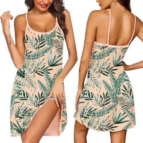Ekouaer Nightgowns for Woman Sleeveless Night Dress Sleep Shirts for Women Adjustable Spaghetti Strap Nightgown Chemise Sleepwear Blue Leaf XL