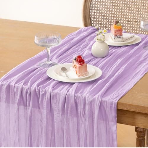 Loopiske Cheesecloth Table Runner Lilac Purple Gauze Boho Rustic Sheer Cheese Cloth Table Runner 35x120 Inch 10FT for Summer Wedding Bridal Baby Shower Birthday Home Decor