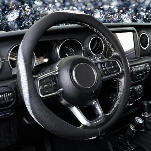 KAFEEK White Crystal Steering Wheel Cover, Sparkly Clear Diamond Breathable Leather Car Protector, Universal 15 Inch Fit for Women Girls, Anti-Slip Comfortable, Silver White