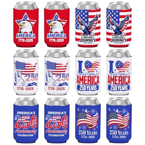 12 Pcs 250th Anniversary Can Cooler Sleeves 4th of July Can Coolers