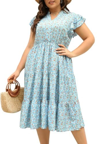 Keluummi Plus Size Midi Dress for Curvy Women Wedding Guest Summer Floral Empire Waist Short Sleeve with Pockets (16 Plus, 10 - Light Blue Floral)