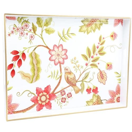 Spsyrine Decorative Serving Tray with Handles, White Lacquered Coffee Table Tray for Ottoman, Rectangle Waterproof Platters for Centerpieces, Parties, Living Room, Kitchen Counter Organization