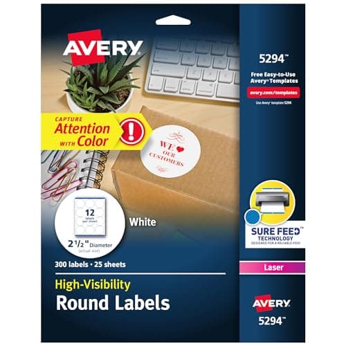 Avery® Round Printable Labels, 2.5" Diameter, Matte White, Sure Feed® Technology, Laser & Inkjet Compatible, 300 Blank Labels Total, Great for Branding, Packages, School Supplies, and More (5294)