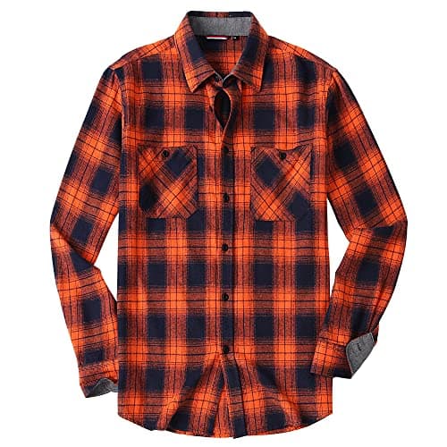 Mens Button Down Regular Fit Long Sleeve Flannel Shirt,Orange/Navy,L