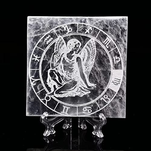 AMOYSTONE Selenite Crystal Charging Plate for Healing Crystal Stone Selenite Pieces Square Slab Etched Virgo 4" with Stand