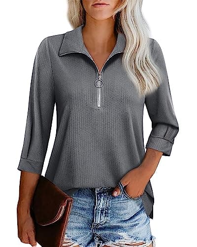 Vivilli Womens Summer Tops: Work Blouses for Women Office 3/4 Sleeve Summer Outfits Business Casual Tops V Neck Women's Polo Shirts Dress Shirts Casual Zipper Tunic Tops Grey M