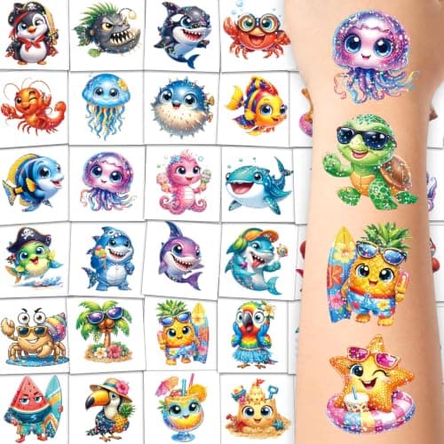 PALANDA 96 Pre-Cut Glitter Shark Temporary Tattoos for Kids, Ocean Animals