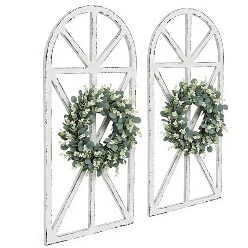 SwallowLiving Set of 2 Large Farmhouse Window Frame Wall Decor, 16x32 Inch Rustic Cathedral Arch Wood Wall Art, Distressed White Faux Church Window Frames for Living Room, Bedroom Entryway (NO WREATH)