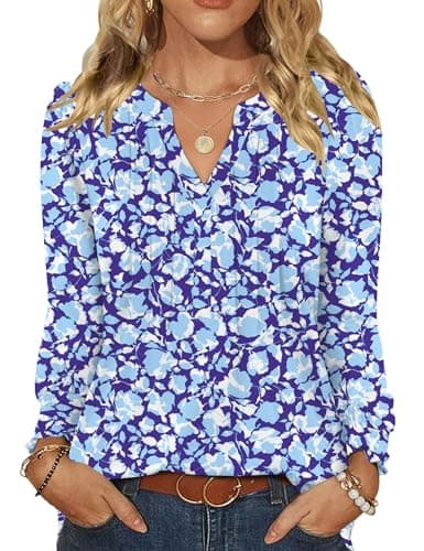 LOMON Womens Long Sleeve Tops V Neck Work Blouses for Women Dressy Casual Tunics or Tops to Wear with Leggings Blue Floral S