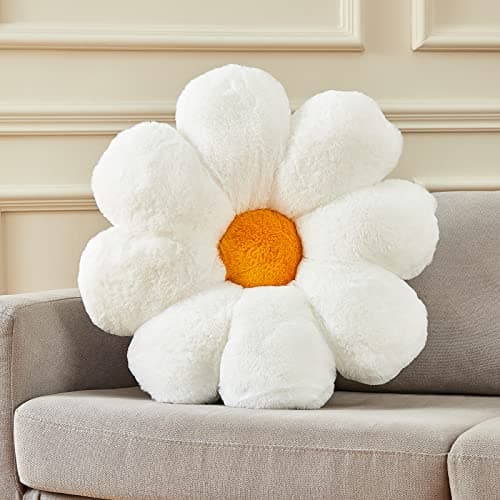 Ailive 20" Large Flower Pillow Daisy Pillow Seat Cushion – White Faux Rabbit Fur Plush Throw Pillow, Cozy Floor Cushion & Gift for Kids Girls Adults