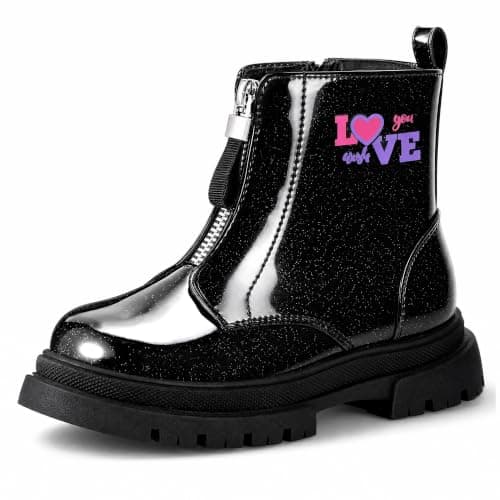 Viapipa Girls Black Combat Ankle Boots Glitter with Front & Side Zippers