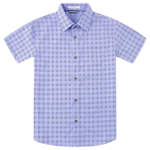 WARHORSEE Boys Casual Button Down Shirts Short Sleeve Wrinkle Free 4-Way Stretch Dress Shirs Plaid Shirts for Kids 6-15 Years,Blue,14