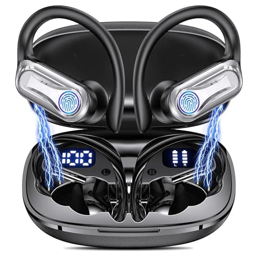 Wireless Earbuds, Sports Bluetooth 6.1 Earhooks Headphones, 90H Playtime LED Charging Case, ENC Noise Cancelling, 16.2mm Driver HiFi Stereo, IPX7 Waterproof Earphones for Running Workout Gym Black