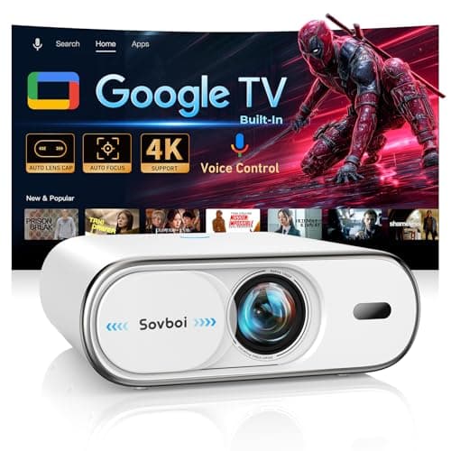 Outdoor-Projector with Google TV:3000 Brightness/Auto Lens Cap & 4D Keystone/Auto Focus & AI Voice Control, Sovboi Portable-Projector with WiFi & Bluetooth, Smart Movie Proyector for Streaming Apps