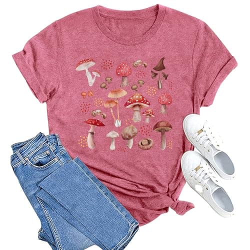MAIHUN Mushrooms Shirts for Women Mycology Tshirt Fungi Lover Tee Mushroom Graphic Short Sleeve Pink