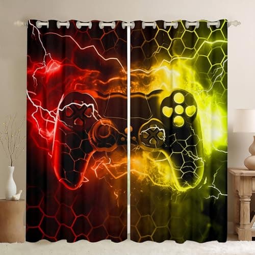 Feelyou Kids Boys Red Yellow Gamer Blackout Curtains Honeycomb Gaming
