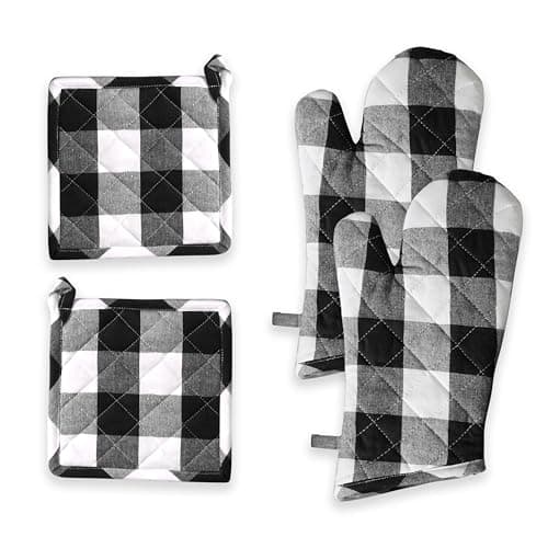 Softopia Cotton Oven Mitt & Pot Holder Buffalo Plaid Check 100% Cotton Heat Resistant Oven Gloves (7"x13") & Hot Pads (8"x8") Combo for Baking, Cooking - Black