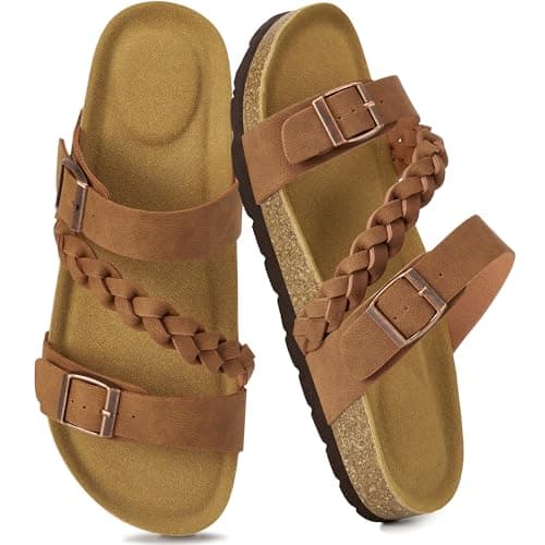 HARENCE Flat Sandals for Women 2026 Comfort Cork Footbed with Adjustable Buckle Summer Slides for Women for Vacation Walking