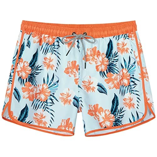 SURF CUZ Mens Swim Trunks 5" Swim Shorts Vintage Bathing Suits with Mesh Lining 80s 90s Retro Swimwear Board Shorts,01 Peach Blossom-Pink Blue,M