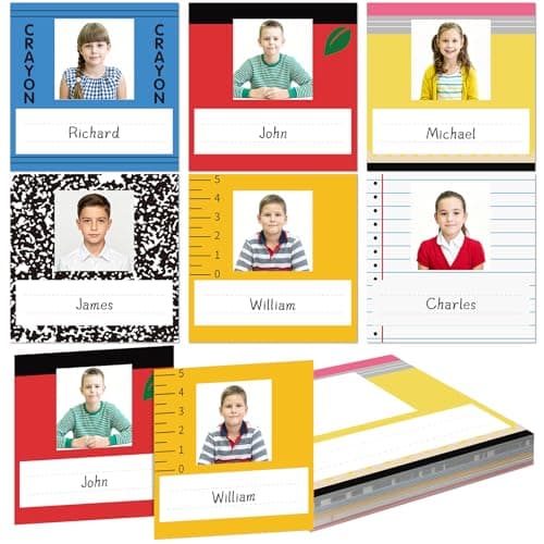 Affrolling 60 Pcs Photo Name Tags for Classroom Desk Name Tag Labels with Photo Space for Kids Students Back to School Composition Book Classroom Decor Pencil Nameplates for Cubbies Bins Office