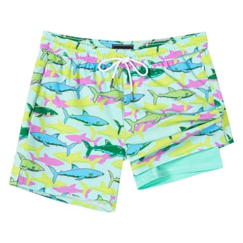 SURF CUZ Mens Swim Trunks with Compression Liner 2 in 1 Mens Swimming Trunks Quick Dry Swim Shorts Bathing Suit Zipper Pockets Green Sleeping Shark Large