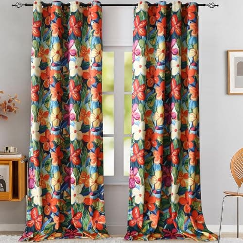 Luvyohmee Floral Blackout Curtains 108 Inch Length Light Blocking for Living Room Windows 2 Panels, Thermal Extra Long Orange Colorful Flower Patterned Drapes with Tieback Grommet 52Wx108L