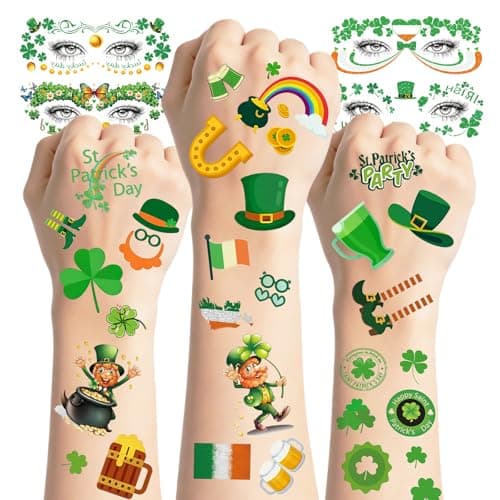 St. Patrick's Day Party Tattoos - 130 Pcs Glitter Shamrock Temporary Tattoos for Face & Body, 14 Sheets Irish Festival Favors & St. Patrick's Day Accessories