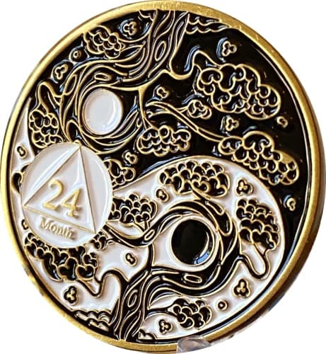 24 Month AA Medallion Sakura Tree Cherry Blossom Yin Yang Black and White Serenity Prayer 2 Year Medallion