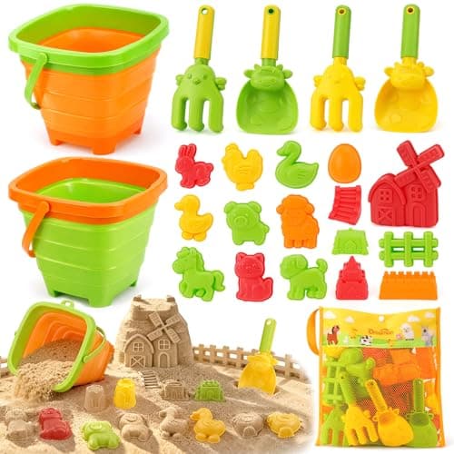 Collapsible Beach Toy Set for Kids, 29 Pcs Farm Sand Toys with Animal Molds