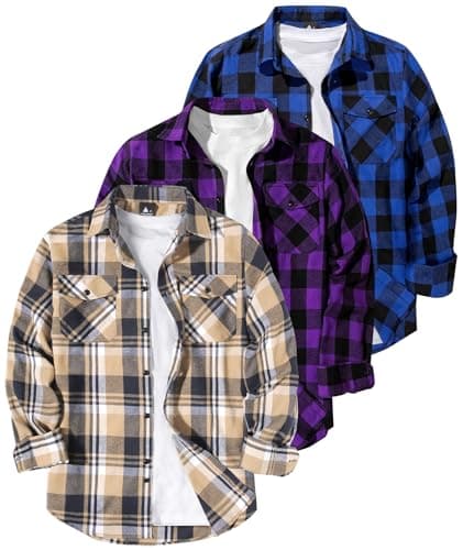 GEEK LIGHTING 3 Pack Flannel Shirt for Men Western Cowboy Shirts Casual Button Down Shirt Long Sleeve Plaid Shirts with 2 Pockets