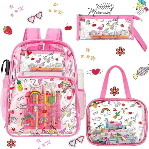 Kacctyen 3 Pcs Heavy Duty Clear Backpack Set,Hot Pink,Luau