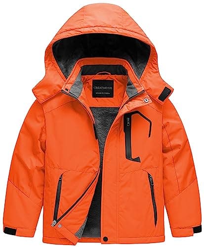 CREATMO US Boys Snow Jacket Jackets Boy's Waterproof Ski Mountain Fleece Coat Thicken Winter Coats Hooded Raincoats Pure Orange 14/16