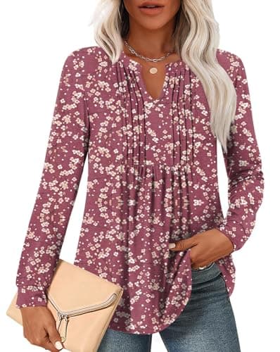 Anyally Long Sleeve Shirts for Women V Neck Pleated Tunic Top Fall X-Large