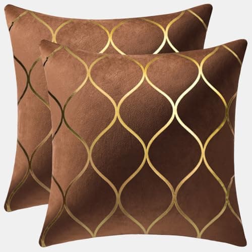 DEZENE Gold Velvet Throw Pillow Covers: 2 Pack 24x24 Inch Square Decorative Pillow Cases for Bedroom Sofa Couch Living Room, Light Brown