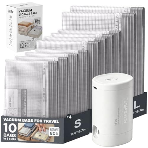 10pcs Vacuum Seal Bags for Clothing Travel with Rechargeable Electric Pump, Space Saver Vacuum Storage Bags for 3-5 Days Travel, Reusable Compression Bags for Luggage Home(10pcs Checkered)