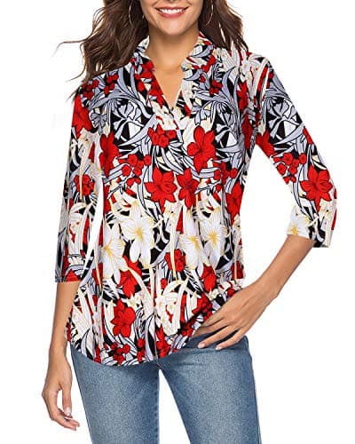 CEASIKERY Women's 3/4 Sleeve Floral V Neck Casual Tunic Blouse Loose Shirt Top
