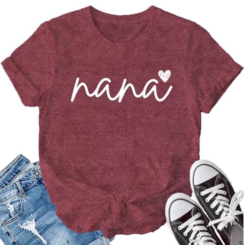 LBP Nana Shirt for Women Nana Heart T-Shirt Grandma Gifts Grandma Life Casual Tee S-XXL DarkRed