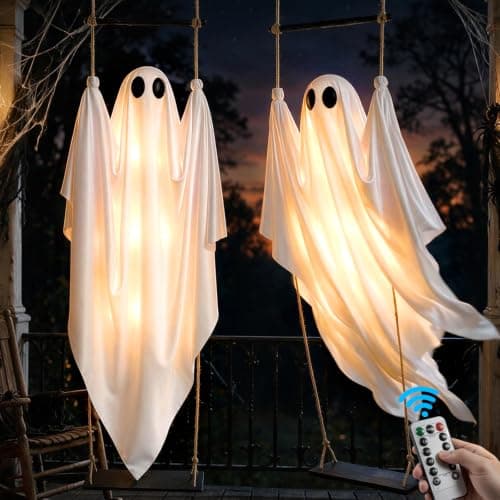 DUSFAN 2 Pack Halloween Decorations Outdoor, 5 FT Pre-Assembled Hanging Swinging Ghosts with Adjustable Arms, 8 Light Modes, Remote & Timer, Indoor & Outdoor Ghost Decor for Porch, Yard, Garden & Tree