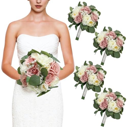 DIYDOFUN Set of 4 Bridesmaid Bouquets, 11 Inch Wedding Bouquets for Bridesmaids Artificial Flower Bouquets for Wedding Ceremony Bridal Shower Decorations - Dusty Pink & White