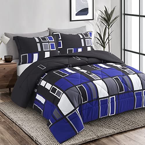 ARTALL Microfiber 2 Pieces Comforter Set Blue Gray Black Plaid Pattern Lightweight Bedding Set, Twin Size with 1 Sham