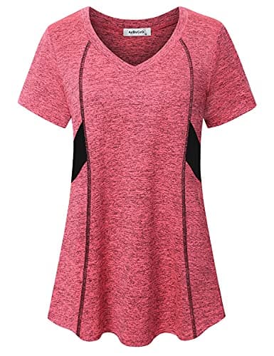 AxByCzD Yoga Shirts for Women Short Sleeve Summer V Neck Athletic Golf Tennis Pilates Outfits Color Block Tees Pink Medium