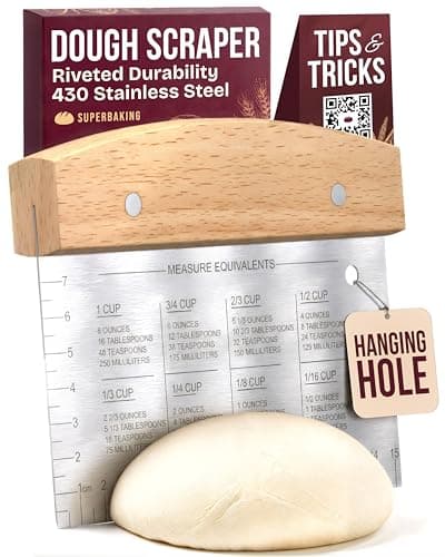 Superbaking Multipurpose Dough Scraper - 6" Bench Scraper & Dough Cutter with Ruler - Pastry & Cake Scraper - Kitchen Tool for Baking, Bread Making & Sourdough, Wooden Handle
