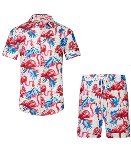 EISHOPEER Mens Casual Button Down Short Sleeve Hawaiian Shirt Suits 2 Pieces Tropical Beach Outfits Medium