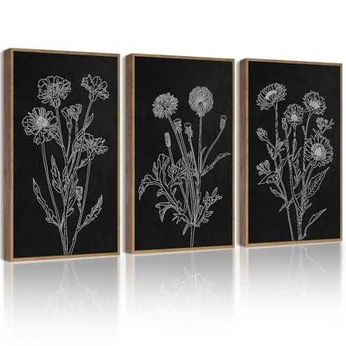 Drsoum Black White Flower Wall Art Vintage Minimalist Floral Wall Hanging Decor Botanical Prints Artwork for Office Dining Room Hallway 11x14in Natural Framed