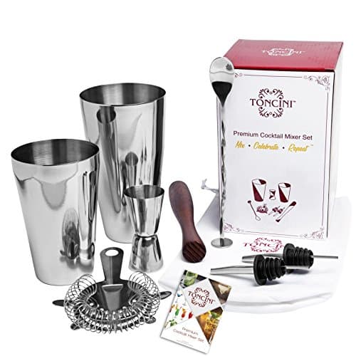 Professional Bartender Kit Cocktail Shaker Set by Toncini | Bartending Tools & Accessories | Stainless Steel Martini Shaker, Strainer, Jigger, Pourers, Muddler, Mixing Spoon, Recipe Book & Velvet Bag