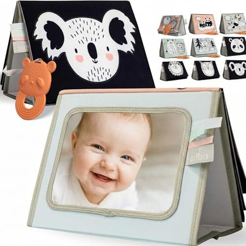 Soft Tummy Time Book w/ Baby Safe Mirror - High Contrast Montessori Toy